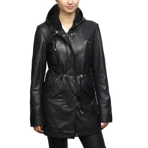 women s black leather parka mid length quilted hooded trench coat
