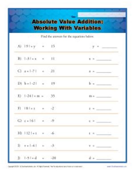 absolute  addition working  variables math worksheets