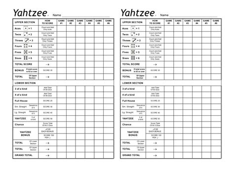 yyahtzee score sheets template printable