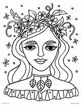 Coloring Pages Spring Printable Flower Goddess Adults Woman Nature Girl Crown Kids sketch template