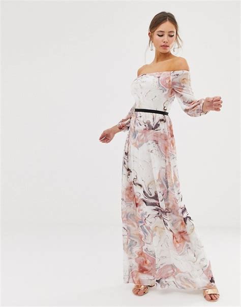 Little Mistress Bardot Long Sleeve Maxi Dress In Floral Print Asos