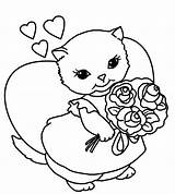 Coloring Valentine Pages Valentines Kitten Simple Kids Flowers Hearts Roses sketch template