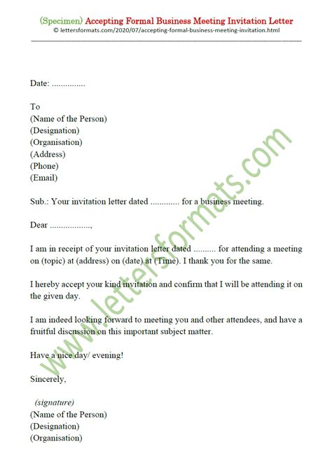 accepting formal business meeting invitation letter email draft