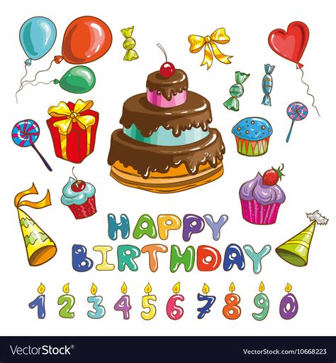 happy birthday symbols candles  cakes set  vector image