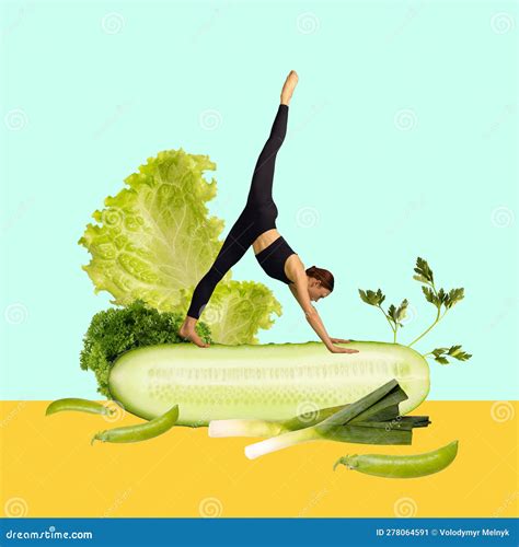 Slim Sportive Young Girl Doing Stretching Over Lettuce And Cucumber