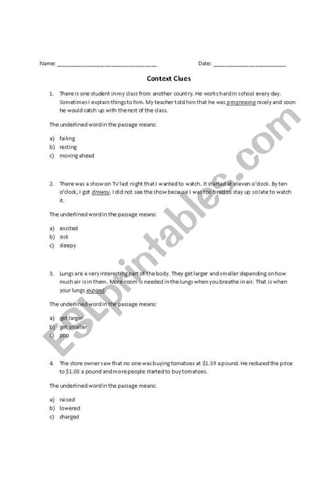 english worksheets context clues