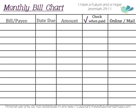 printable monthly bill chart calendar template printable