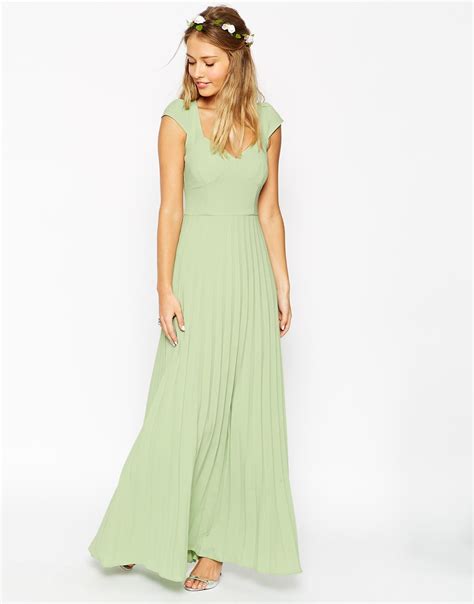 lyst asos wedding maxi dress  pleated skirt  sweetheart detail  green