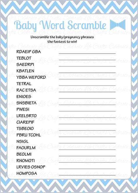 printable baby shower games word scramble  printable