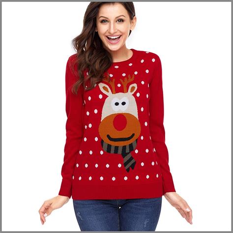 red ugly christmas sweater women with deer knitted jumper christmas