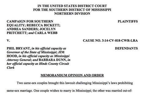 Mississippis Same Sex Marriage Ban Is Unconstitutional Federal Judge