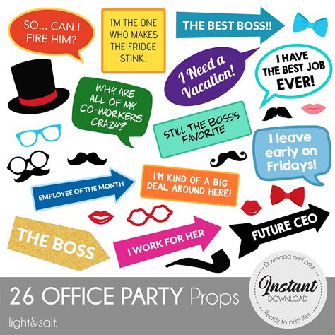 assortment  office party props including speech bubbles mustaches