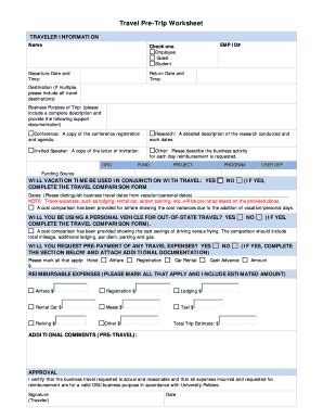 fillable  travel pre trip worksheet fax email print pdffiller