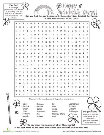 worksheets  great st patricks day word search st patrick day