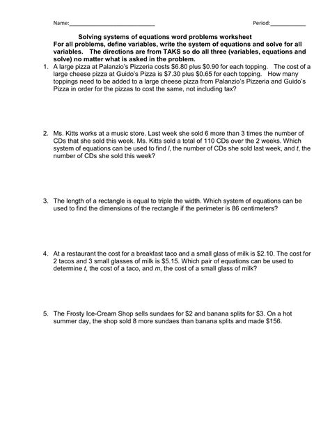 systems  equations word problems worksheet db excelcom