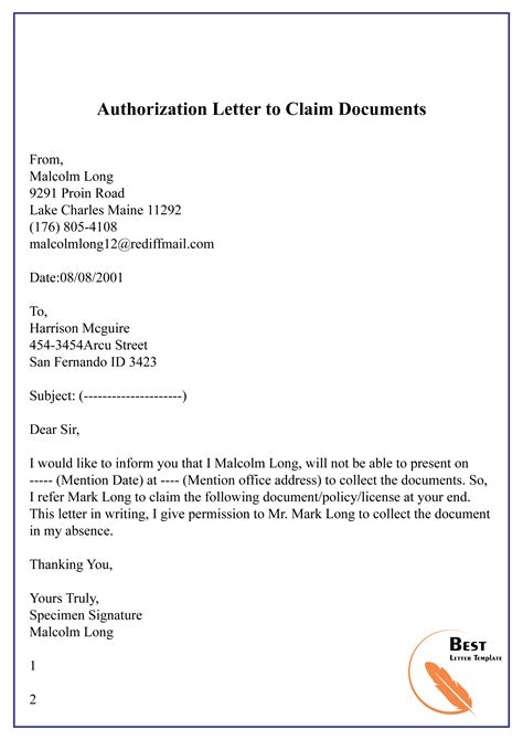 authorization letter  claim documents   letter template