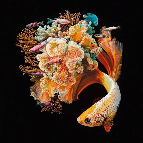 hyperrealistic paintings  fish merged   surroundings  lisa