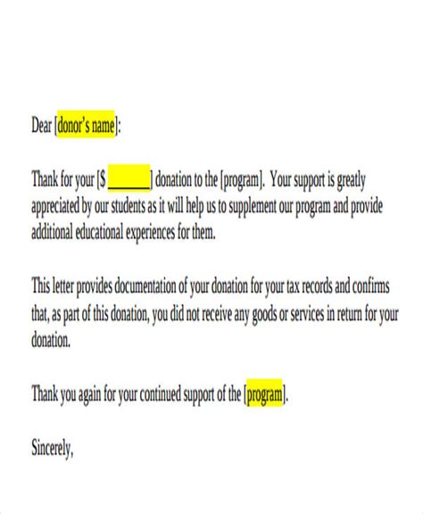 donation acknowledgement letter templates  word  format