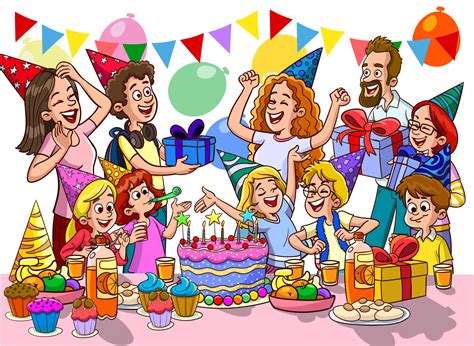 cartoon kids party poster  big table sweets  gifts  birthday