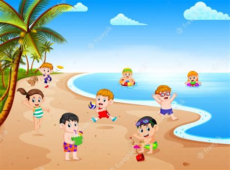 Vista De Verão Com Um Grupo De Crianças Brincando E Nadando Na Praia No