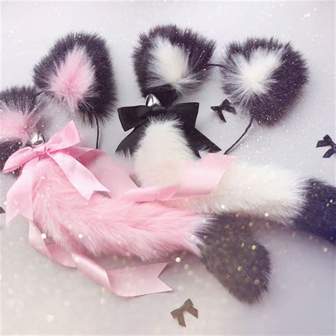 Cute Soft Cat Ears Headbands With Fox Tail Bow Metal Butt Anal Plug