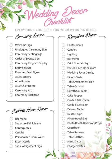 printable wedding decor checklist   wedding decoration