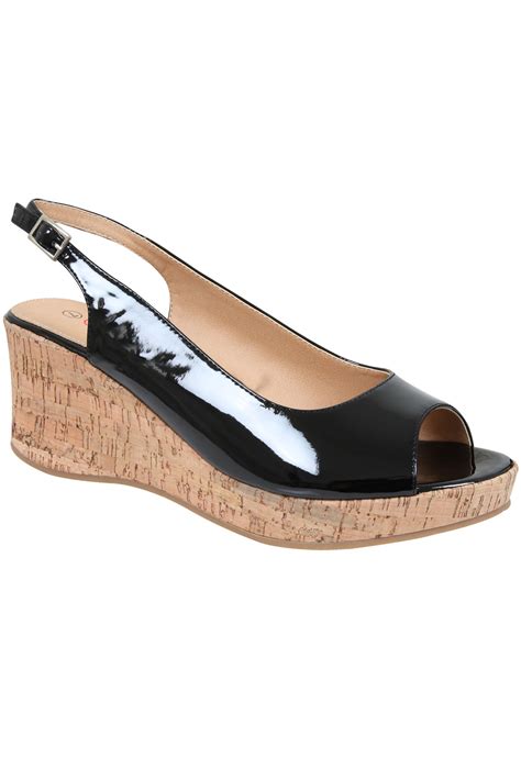 black patent peep toe cork wedge sandal in a eee fit size