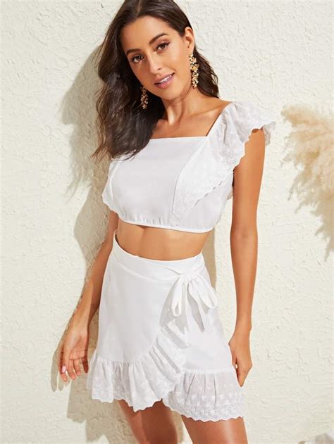 shein eyelet embroidered crop top and ruffle hem wrap knot