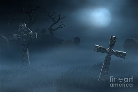 tombstones on a spooky misty graveyard full moon at night photograph
