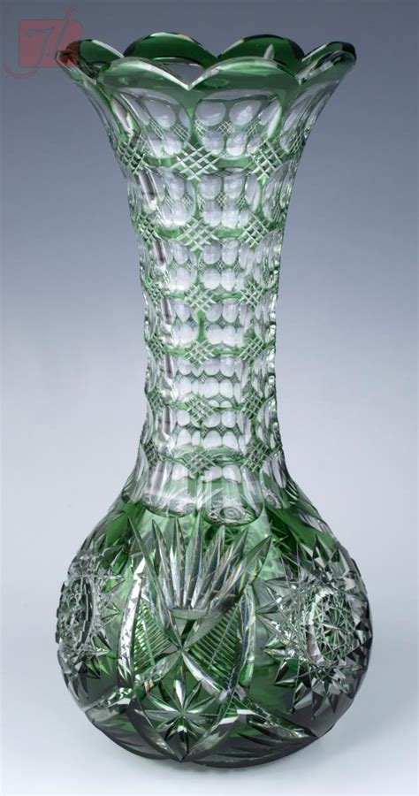 Vintage Emerald Green Cut To Clear Glass Vase