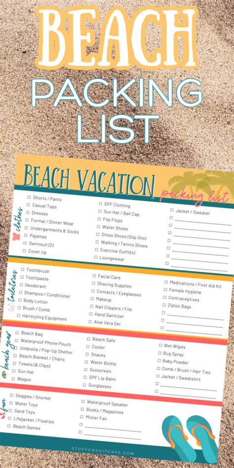 beach packing list printable checklist  vacation