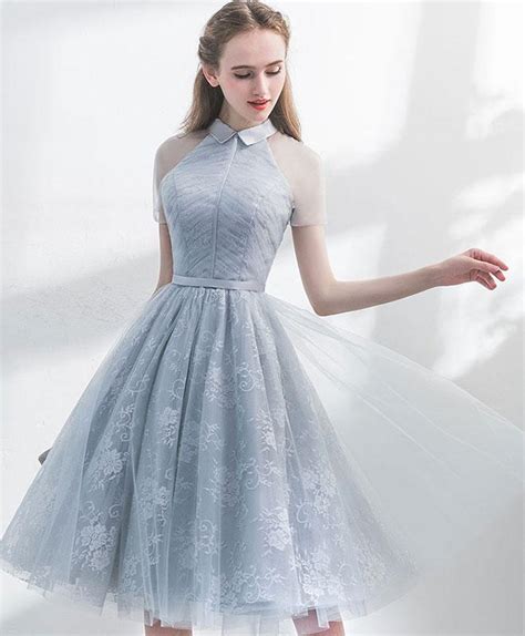 Unique Gray Tulle Lace Short Prom Dress Gray Evening Dress