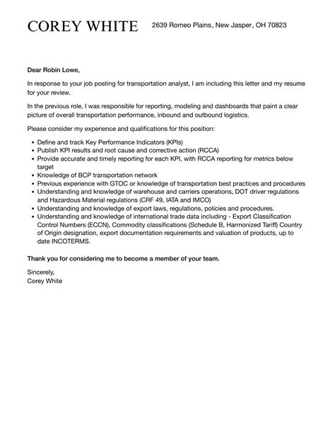 transportation analyst cover letter velvet jobs