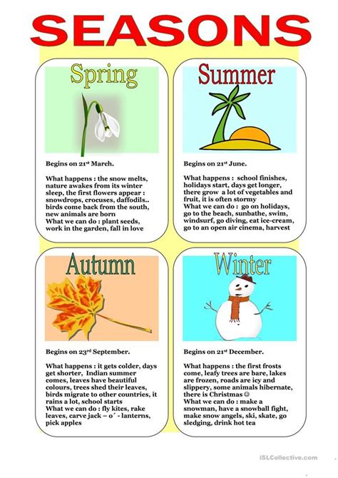 seasons worksheet  esl printable worksheets   teachers