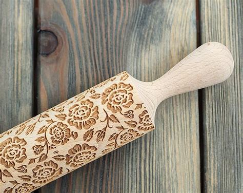 wooden embossing rolling pin floral pattern etsy