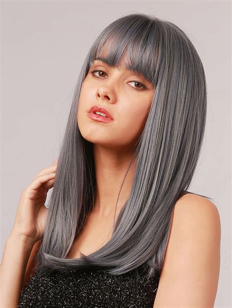 grey wig  highlights  inches straight synthetic bob wig  bangs heat resistant hair wig