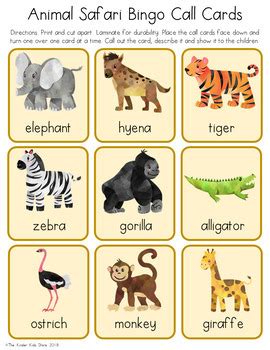 animal safari bingo game   kinder kids teachers pay teachers