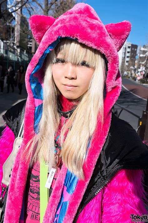 Pink Harajuku Look W Monster Hoodie Furry Leg Warmers And Striped