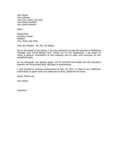 letter  accept job offer sample business letter template