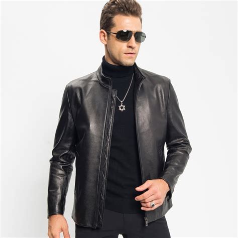 short leather jacket men casual genuine sheepskin leather coat autumn