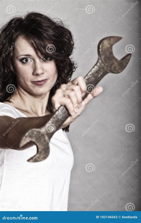 Girl Holding Wrench Spanner Tool Stock Image Image Of Feminism