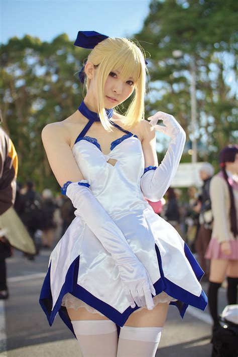 blonde hair cosplay dress elbow gloves fate series fate stay night gloves green eyes hairbow