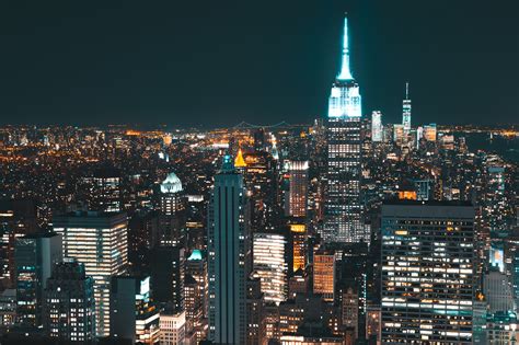lit skyscrapers  nighttime  stock photo
