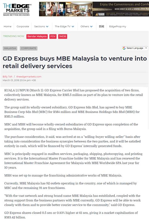 edge markets gd express buys mbe malaysia  venture  retail delivery services gdex