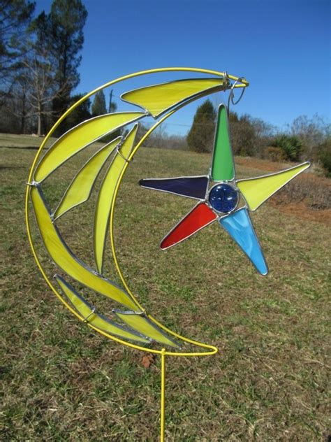 stained glass yard art moon and star garden stake recycled frame