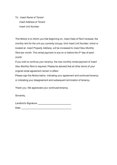 view  sample letter  notification  rent increase