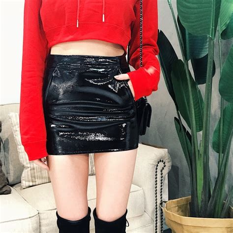 Black Faux Leather Skirt Women Sexy Bodycon Pu Mini Skirt With Pockets