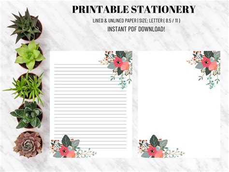 printable lined unlined stationery paper floral stationery etsy