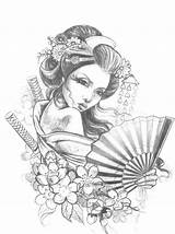 Geisha Tattoo Coloring Drawing Tattoos Girl Japanese Asian Adults Pages Sketch Drawings Samurai Volwassenen Kleuren Voor Designs ลาย Paintingvalley Girls sketch template