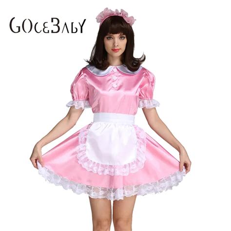 sissy girl maid satin pink lockable dress costume uniform forced fem